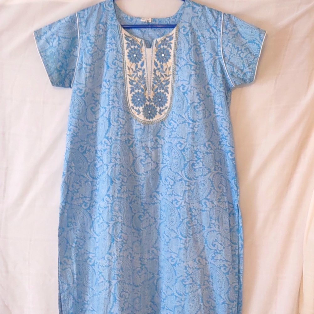 Embroidered Midi Dress, Blue-Gold, Sz 10, NWOT